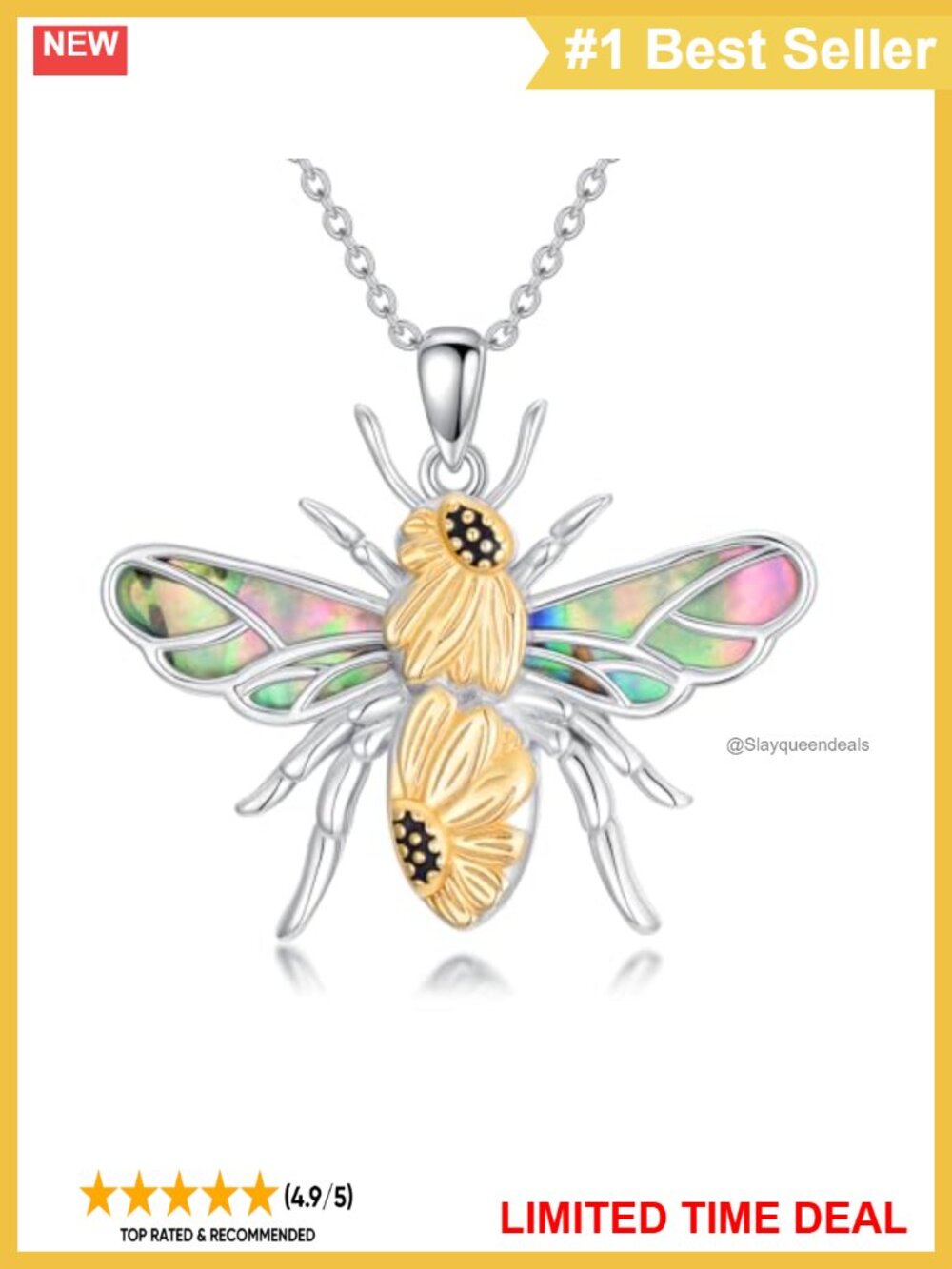 Sterling Silver Abalone Shell Bee Sunflower Pendant Necklace Adjustable